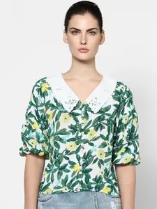 ONLY White & Green Floral Printed Peter Pan Collar Crop Top
