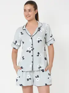 Smarty Pants Women Grey & White Printed Cotton Night Suit