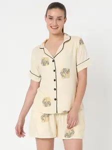 Smarty Pants Women Cream-Coloured & Beige Printed Pure Cotton Shorts Night suit