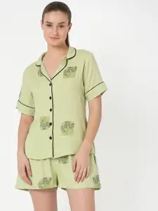 Smarty Pants Women Green & Black Printed Cotton Night suit