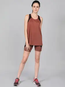 Chkokko Women Rust-Coloured & Black Colourblocked Sports Top with Shorts