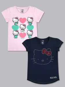Kids Ville Girls Pink & Navy Blue 2 Hello Kitty Printed T-shirt