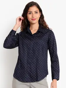 Indietoga Women Navy Blue Classic Slim Fit Printed Formal Shirt