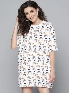 SASSAFRAS Women White & Brown Pure Cotton Conversational Print T-shirt Mini Dress