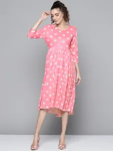 SASSAFRAS Women Pink & White Polka Dot Printed A-Line Midi Dress