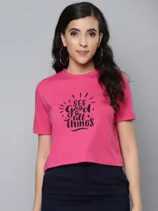 SASSAFRAS Women Fuchsia Typography Printed Pure Cotton Boxy T-shirt