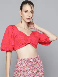 SASSAFRAS Women Pink & Red Floral Print Sweetheart Neck Crop Top