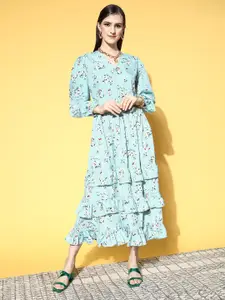 plusS Women Stylish Blue Floral Volume Play Dress