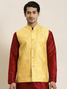 SOJANYA Men Yellow & Golden Woven Design Nehru Jacket