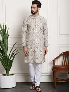 SOJANYA Men Beige Printed  Cotton Linen Kurta with Churidar