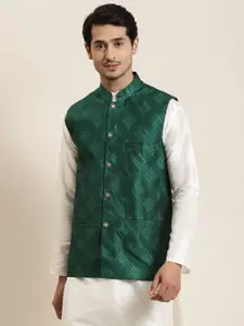 SOJANYA Men Green & Golden Woven Design Nehru Jacket
