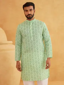 SOJANYA Men Green & White Ethnic Motifs Cotton Linen Printed Kurta