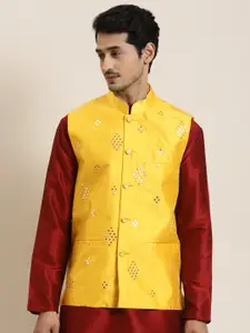 SOJANYA Men Yellow Mirror Work Nehru Jacket