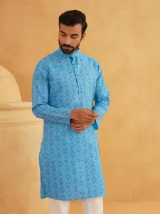 SOJANYA Men Blue & White Ethnic Motifs Cotton Linen Printed Kurta