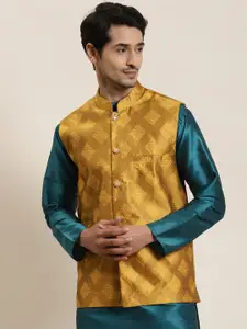 SOJANYA Men Mustard Yellow & Golden Woven Design Nehru Jacket