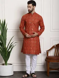 SOJANYA Men Orange Printed Cotton Linen Kurta with Churidar