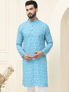 SOJANYA Men Turquoise Blue & White Ethnic Motifs Printed Kurta