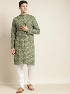 SOJANYA Men Green & White Ethnic Motifs Printed Kurta