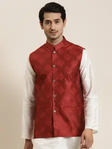 SOJANYA Men Maroon & Golden Woven Design Nehru Jacket