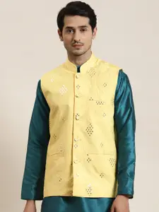 SOJANYA Men Yellow Mirror Work Nehru Jacket