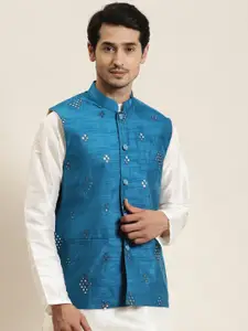 SOJANYA Men Blue Mirror Work Nehru Jacket