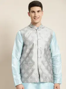 SOJANYA Men Grey & Golden Woven Design Nehru Jacket