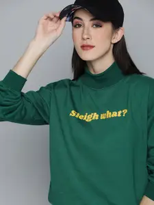 Harvard Women Green Typography Printed High-Neck Pullover Sweatshirt