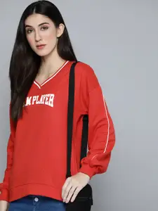 Harvard Women Red Typography Printed V-Neck Sweatshirt