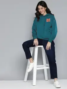 Harvard Women Solid Hooded Sweatshirt With Minimal Typography Print Detail