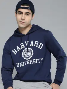 Harvard Men Navy Blue Printed Pure Cotton Hooded Sweatshirt