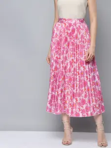 SASSAFRAS Women Pink & White Floral Printed Accordion Pleated A-Line Skirt