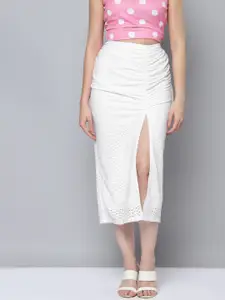 SASSAFRAS Women White Solid Schiffli Embroidered Ruched Straight Skirt