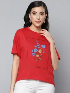 SASSAFRAS Women Red Floral Printed Pure Cotton T-shirt