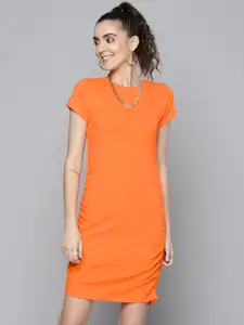 SASSAFRAS Women Orange Solid Ruched Sheath Dress