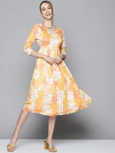 SASSAFRAS Women Mustard Yellow & White Floral Printed A-Line Midi Dress