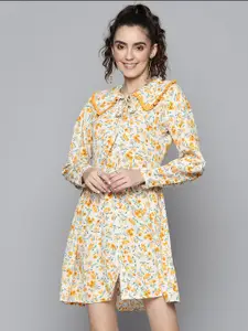 SASSAFRAS Women Off White & Mustard Yellow Floral Shirt Dress