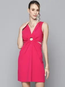 SASSAFRAS Women Fuchsia Pink Solid A-Line Dress with Cut-Out Detail