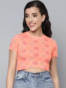 SASSAFRAS Women Peach-Coloured & Red Conversational Printed Pure Cotton T-shirt