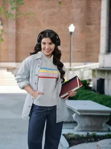 Harvard Women Grey Striped Hooded Pullover Sweatshirt