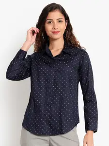 Indietoga Women Plus Size Navy Blue Printed Slim Fit Cotton Formal Shirt