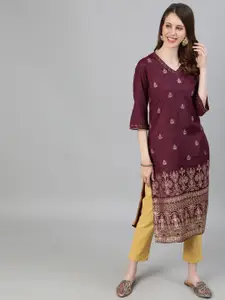 Jaipur Kurti Women Burgundy & Golden Ethnic Motifs Printed Cotton Silk Straight Kurta