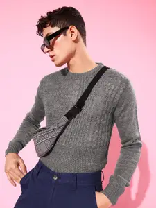 Harvard Men Grey Self Design Cable Knit Pullover Sweater