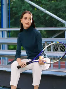 Harvard Women Teal Blue Turtle Neck Solid Pullover