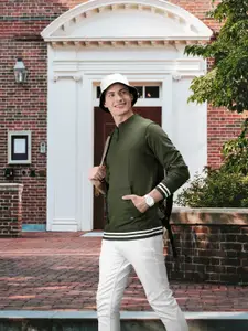 Harvard Men Olive Green Solid Half Zipper Closure Sweatshirt With Contrast Hem