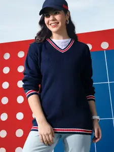 Harvard Women Navy Blue Ribbed Acrylic Pullover Sweater