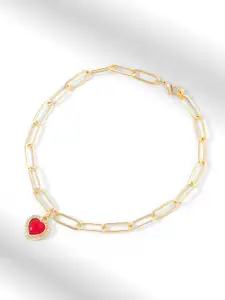 MINUTIAE Gold-Plated Red Onyx & White Crystals Studded Heart Charm Motif Anklet