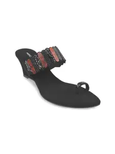 Mochi Black & Red Textured Casual Wedge Heels
