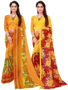 SAADHVI Yellow & Red Pack of 2 Floral Pure Georgette Saree
