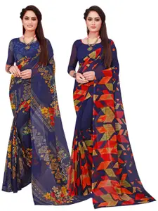 Florence Navy Blue & Red Pack of 2 Floral Pure Georgette Saree