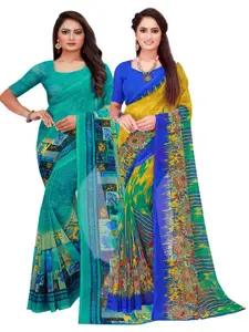 KALINI Turquoise Blue & Multicoloured Pack Of 2 Pure Georgette Sarees